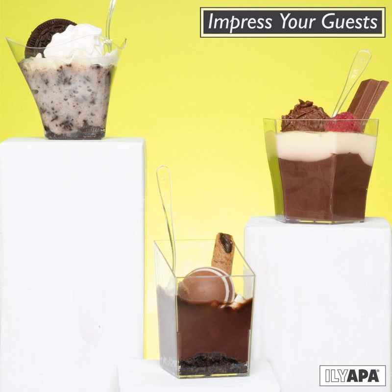 Ilyapa 3.5oz Plastic Dessert Cups - 100 Pack Mini Dessert Cups with Spoons - Clear Reusable Small Appetizer Cup for Cheesecake Shooters, Chocolate Mousse - Party and Catering Supplies - Parfait - Image 4
